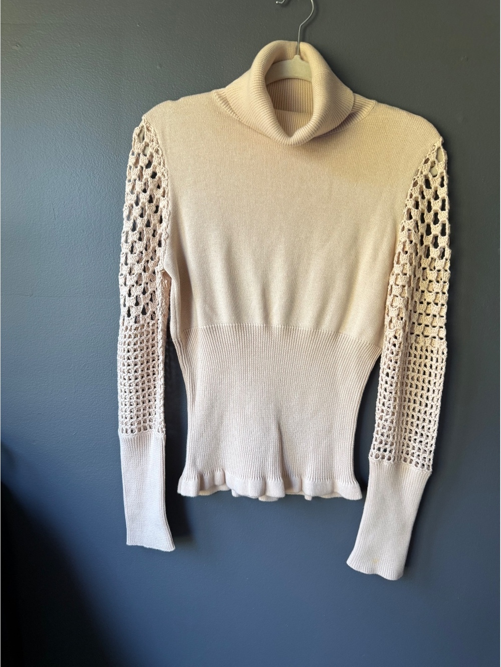 Together Beige Turtleneck Sweater with Crochet Sleeves Medium